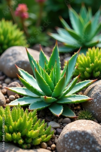 Aloe Cameronii on rockery with cacti and succulents, greenery, garden feature photo