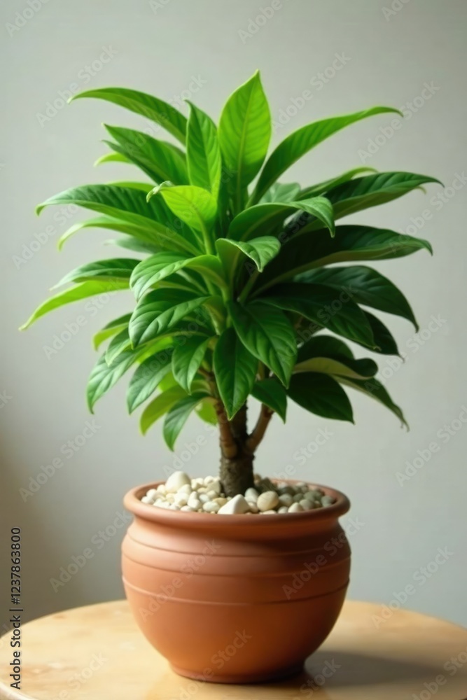 Ficus elastica bush in a pot with decorative stones, garden planter, houseplant Ficus elastica bush in a pot with decorative stones, garden planter, houseplant