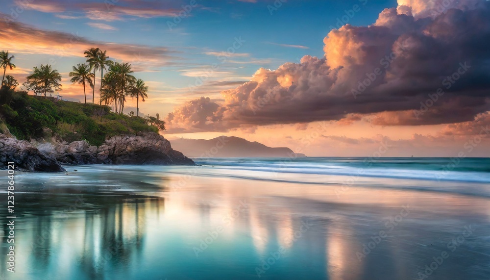 Fototapeta premium atmospheric evening seascape.. seascape wallpaper. view from the shore as the vast, endless ocean meets the sky at the horizon