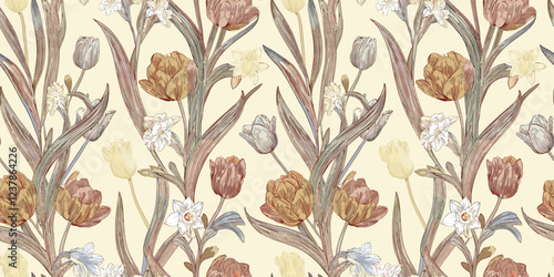 A vintage-style floral pattern featuring yellow and blue flowers with dark centers on a cream background.