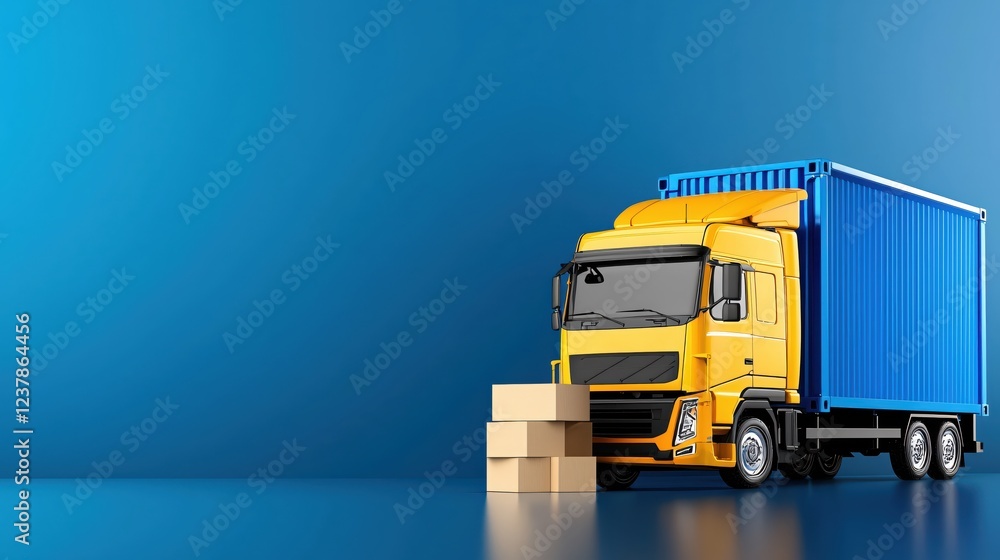 Yellow Delivery Truck with Blue Container and Boxes on Blue Background