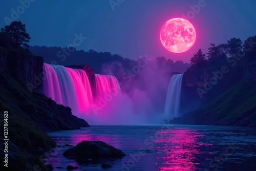 Pink neon glow highlights waterfall's misty veil under a serene full moon, misty, fullmoon, glowing photo