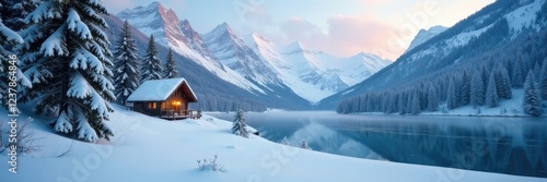 Wallpaper Mural Snowy forest scene with cabin in the distance, cozy cabin, snowy mountains, frozen lake Torontodigital.ca