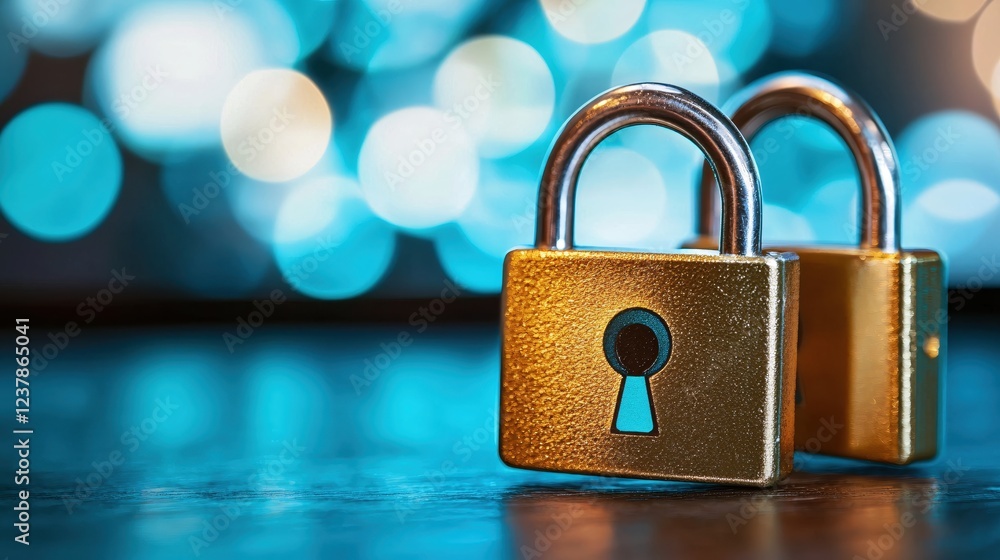 Fototapeta premium Golden Padlocks Security Concept Digital Privacy Data Protection Blue Lights Background