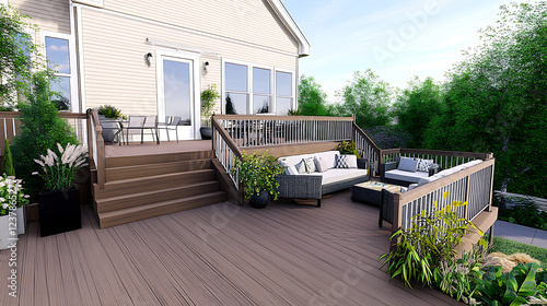 Architectural sketch of a home deck addition, featuring outdoor seating and detailed design elements. photo