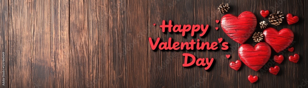 Fototapeta premium Romantic Minimalist Valentine's Day Theme with Red Hearts on Wooden Background for Celebratory Use