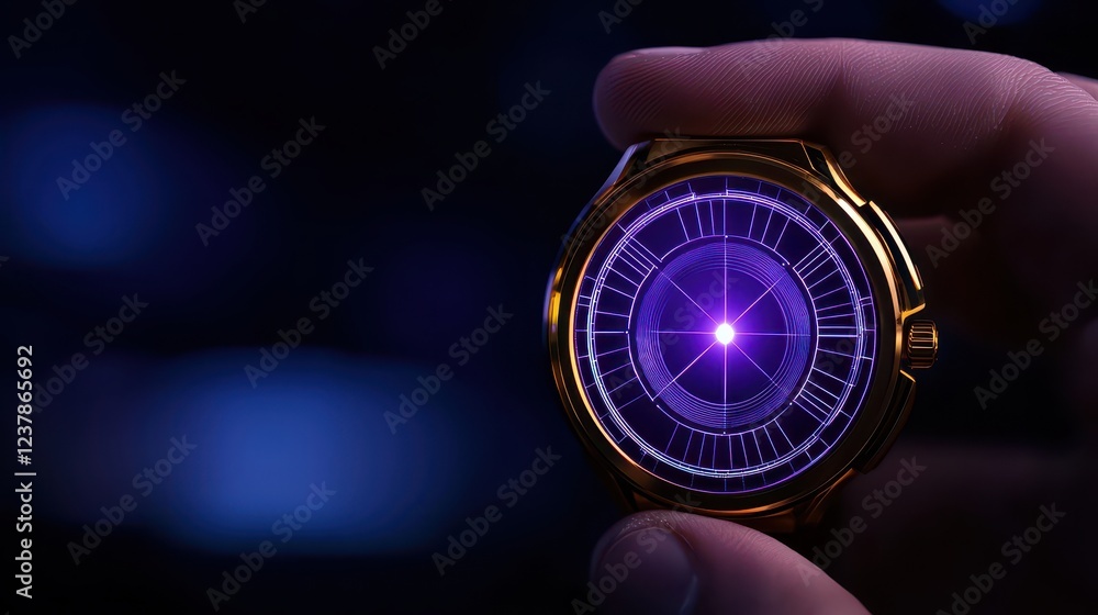 A close-up view of a futuristic watch displaying a glowing purple light, reflecting innovation and style. A close-up view of a futuristic watch displaying a glowing purple light, reflecting innovation and style.