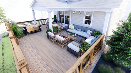 Architectural sketch of a home deck addition, featuring outdoor seating and detailed design elements. photo