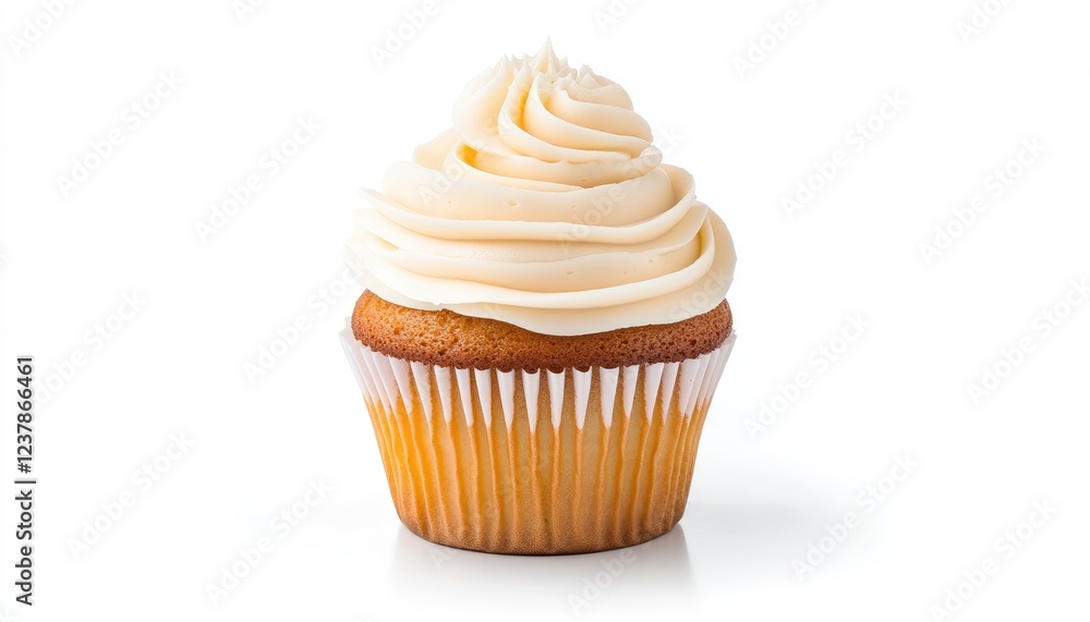 Delicious vanilla cupcake with creamy frosting against a clean white background Delicious vanilla cupcake with creamy frosting against a clean white background