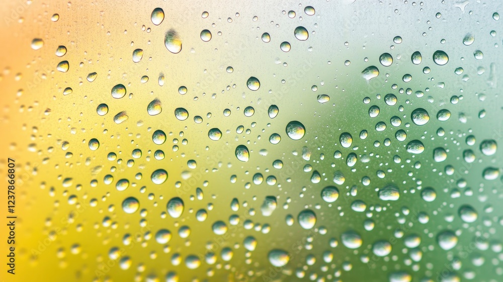 A close-up of dewdrops on the surface, with a soft-focus background of green and yellow hues. The light is diffused by misty clouds in the sky, creating an ethereal atmosphere. A close-up of dewdrops on the surface, with a soft-focus background of green and yellow hues. The light is diffused by misty clouds in the sky, creating an ethereal atmosphere.
