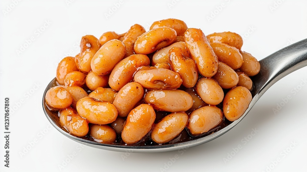 Fototapeta premium Glistening Baked Beans on a Spoon Against White Background