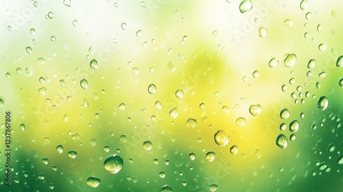 Wallpaper Mural A close-up of dewdrops on the surface, with a soft-focus background of green and yellow hues. The light is diffused by misty clouds in the sky, creating an ethereal atmosphere. Torontodigital.ca