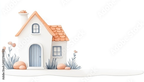 Charming cartoon-style house with pastel colors surrounded by whimsical plants and rocks