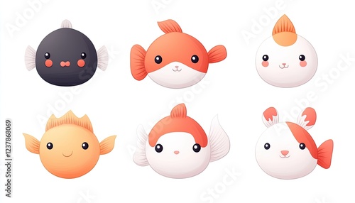 Cute cartoon-style fish and a mouse character with playful expressions on a white background