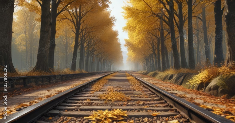 Naklejka premium Tall trees with golden autumn leaves stretching above a winding railroad track, deciduous trees, woodland scene
