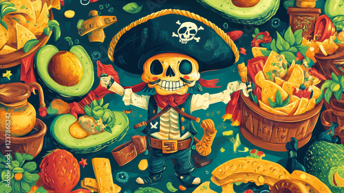 Cinco de Mayo Mexican holiday banner with cartoon Tex Mex characters, vector background. Burrito pirate, avocado buccaneer and churro filibuster with sombrero, poncho and maracas for Mexican fiesta photo