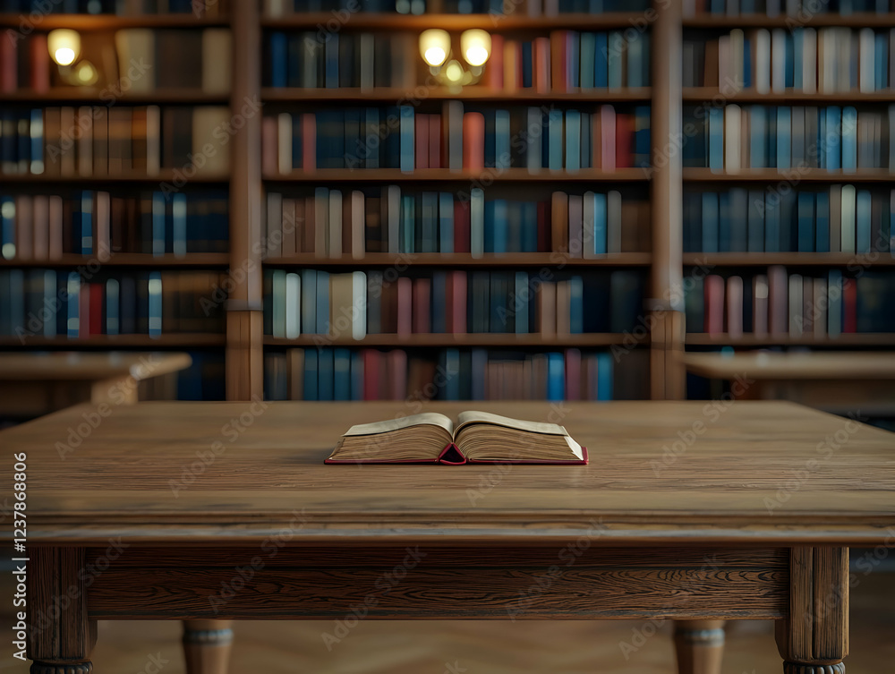 Fototapeta premium Open book on library table, bookshelves background; education