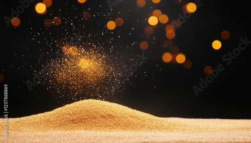 Glimmering golden sand mound with sparkling particles against a dark background, creating a magical effect