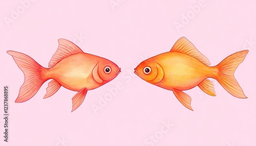 Two colorful goldfish facing each other against a soft pink background, symbolizing connection