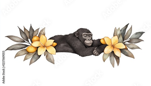 A serene chimpanzee resting among vibrant yellow flowers and green leaves, evoking tranquility