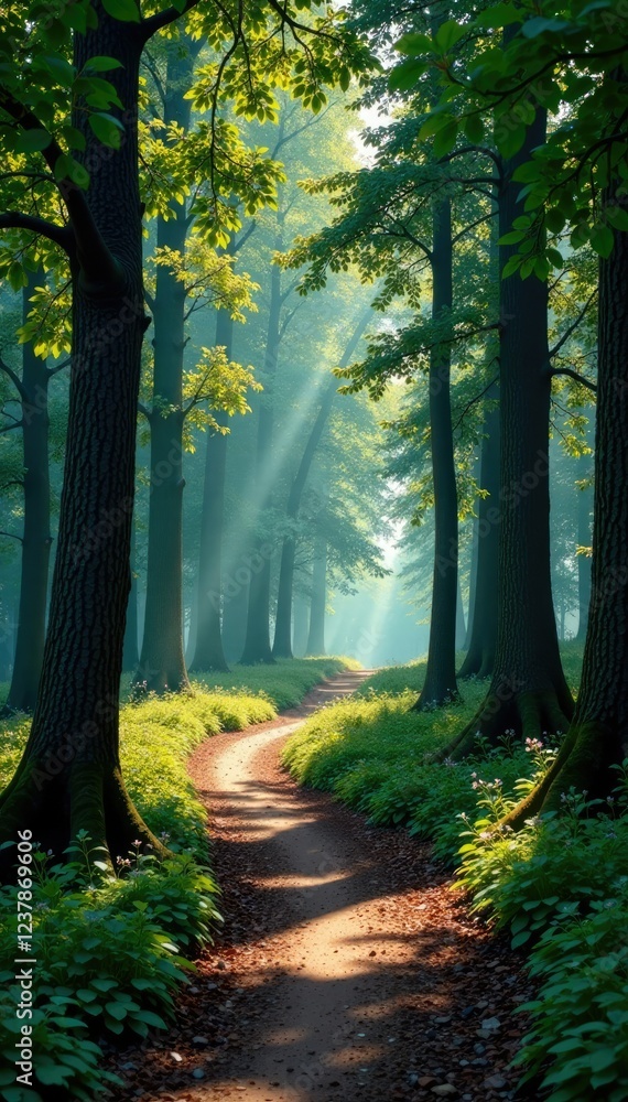 Obraz premium The winding path disappears into the distance among tall trees, trees, woodland