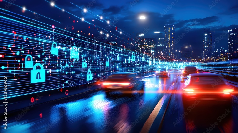 Fototapeta premium Cityscape Night Driving Digital Security Network Data Flow
