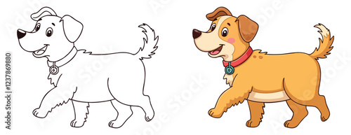 Cute Little Dog Coloring Page line art with fill colored sample Printable. Isolated on White Background Outline Vector Illustration. Bold and Easy Domestic Animal Coloring Pages for Adults and Kids