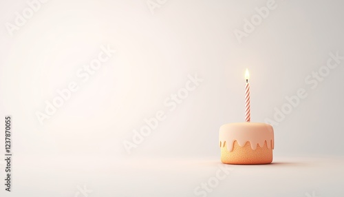 A beautifully lit birthday cake with a single candle, set against a minimalist background