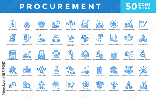 Procurement icons set with purchase order, supplier, vendor management, procurement strategy, supplier selection, request for proposal, request for quotation icon. Simple retro vector 
