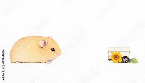 A curious golden hamster approaches a miniature cart with a sunflower and grass in a bright setting