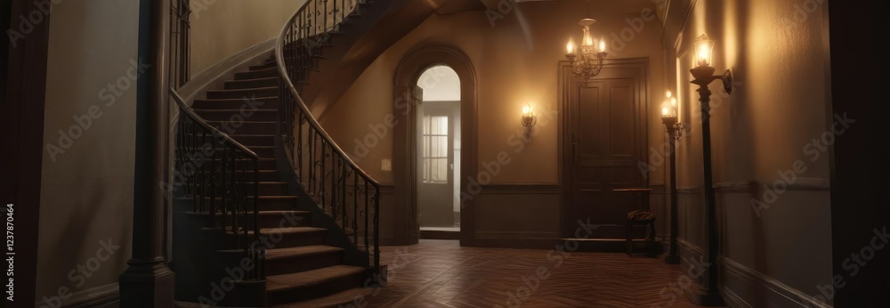 Obraz premium Torches placed along a winding staircase in a dimly lit hallway, torch, staircases, hallway