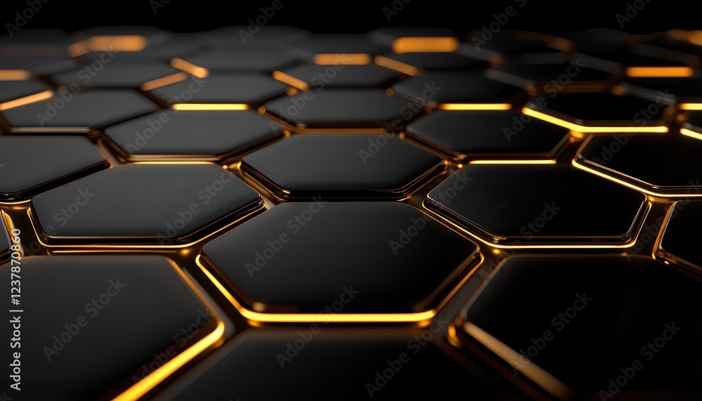 Close-up view of a hexagonal pattern with a sleek black and gold design, creating a modern, abstract visual effect. Close-up view of a hexagonal pattern with a sleek black and gold design, creating a modern, abstract visual effect.
