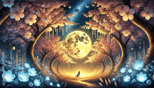 A Breathtaking Fantasy-Inspired Painting of Cherry Blossoms Illuminated by Golden Moonlight in a Starry Night