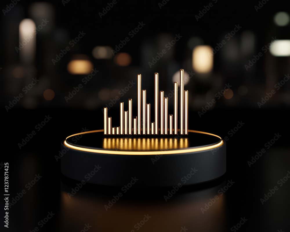 Futuristic audio visualization with glowing bars on a sleek surface in dimly lit urban surroundings. Futuristic audio visualization with glowing bars on a sleek surface in dimly lit urban surroundings.