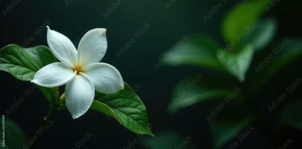 A single, exquisite jasmine flower blooms on a dark, glossy background with lush green leaves, blossom, dark A single, exquisite jasmine flower blooms on a dark, glossy background with lush green leaves, blossom, dark