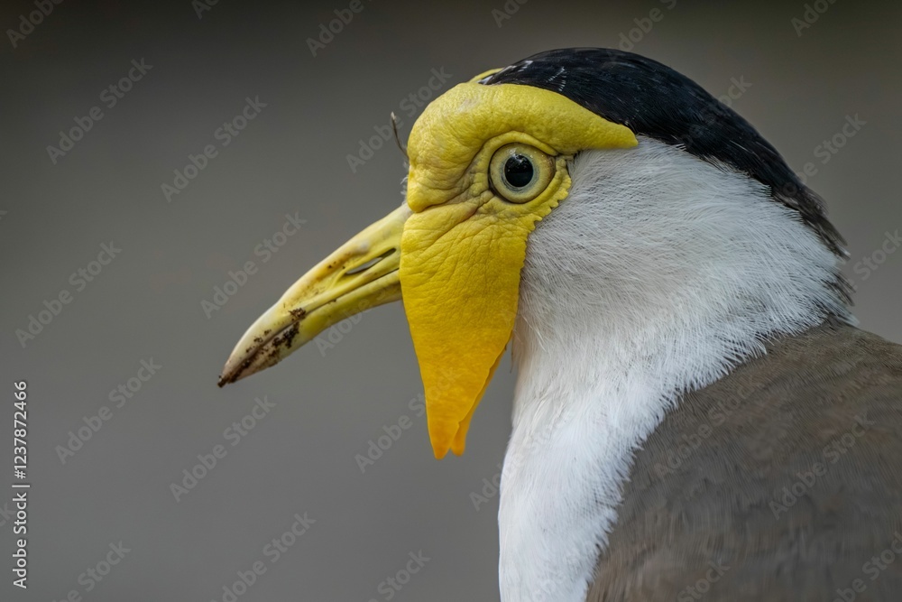 Obraz premium Close-up of a masked lapwing bird with a yellow wattle.