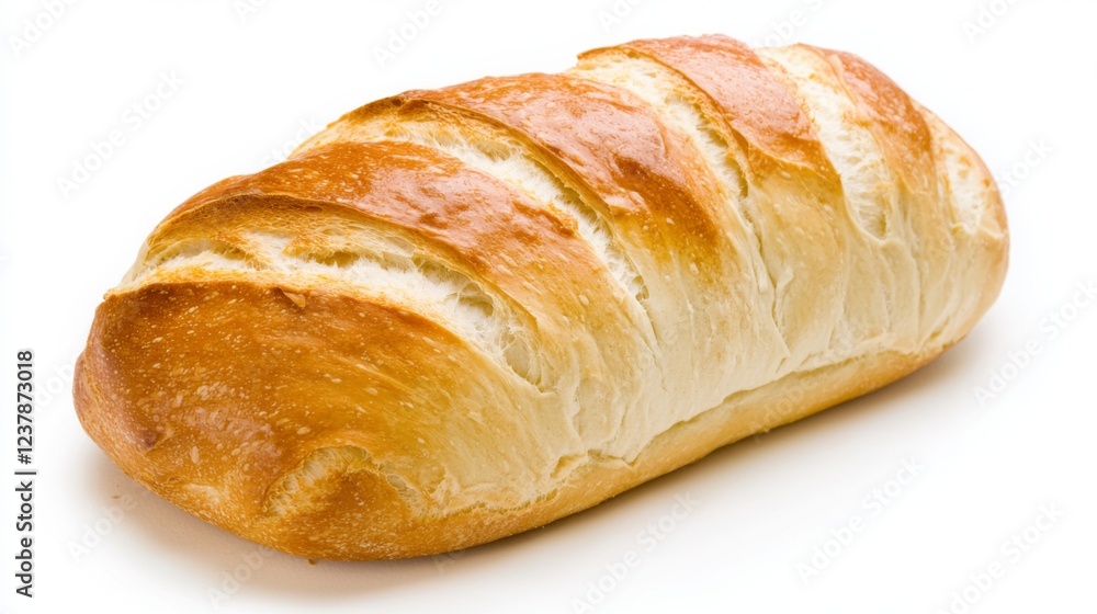 Freshly baked bread loaf with golden crust displayed against a clean background Freshly baked bread loaf with golden crust displayed against a clean background