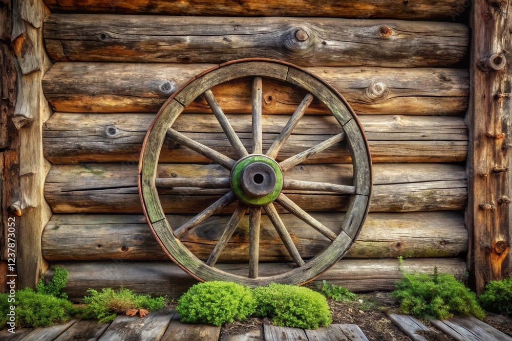 Obraz premium Rustic wooden wagon wheel against aged log cabin wall, surrounded by vibrant green ground cover plants on a weathered wooden surface.