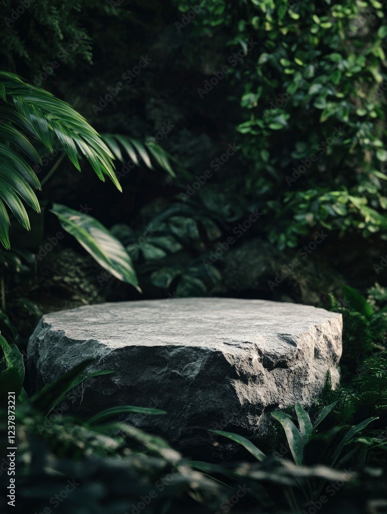 A close-up shot of an empty rock podium surrounded by lush green foliage, creating the perfect backdrop for showcasing your product in nature-inspired designs. A close-up shot of an empty rock podium surrounded by lush green foliage, creating the perfect backdrop for showcasing your product in nature-inspired designs.