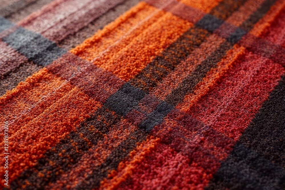 Fototapeta premium Close up Texture of Red Orange and Black Plaid Fabric Detailed Textile Background
