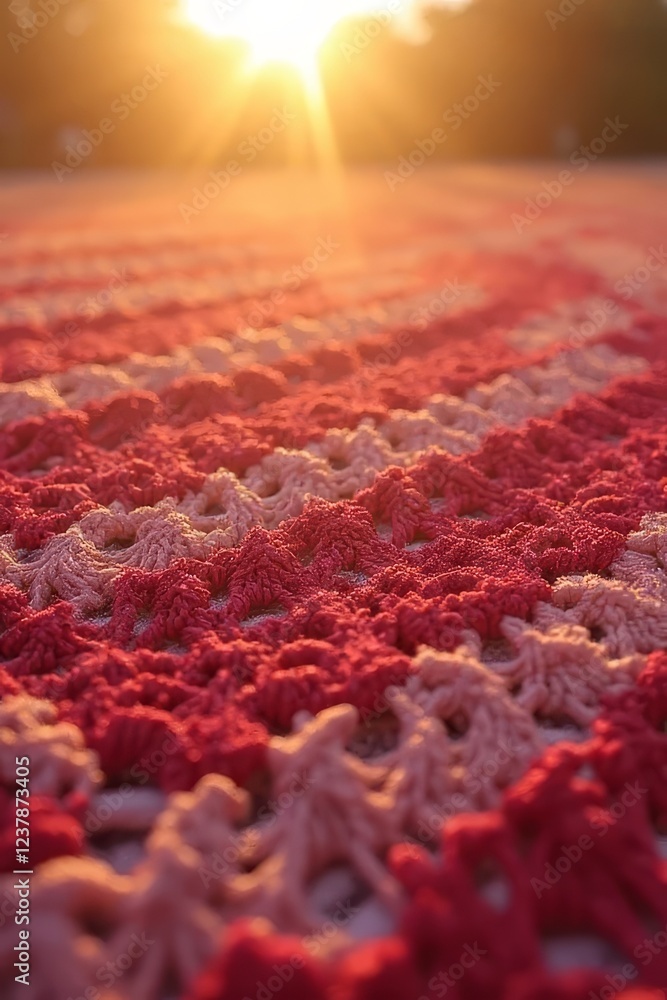 Fototapeta premium Warm Sunset Hues on a Hand Crocheted Mandala Blanket Outdoors