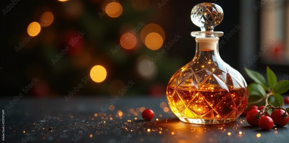 A whisky decanter filled with golden liquid illuminated by twinkling lights and red berries, sparkle, whisky, tabletop