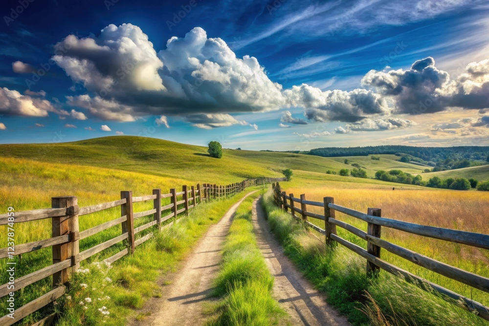 Serene Country Road Winding Through Rolling Green Hills Under a Dramatic Sky with Wooden Fences Serene Country Road Winding Through Rolling Green Hills Under a Dramatic Sky with Wooden Fences