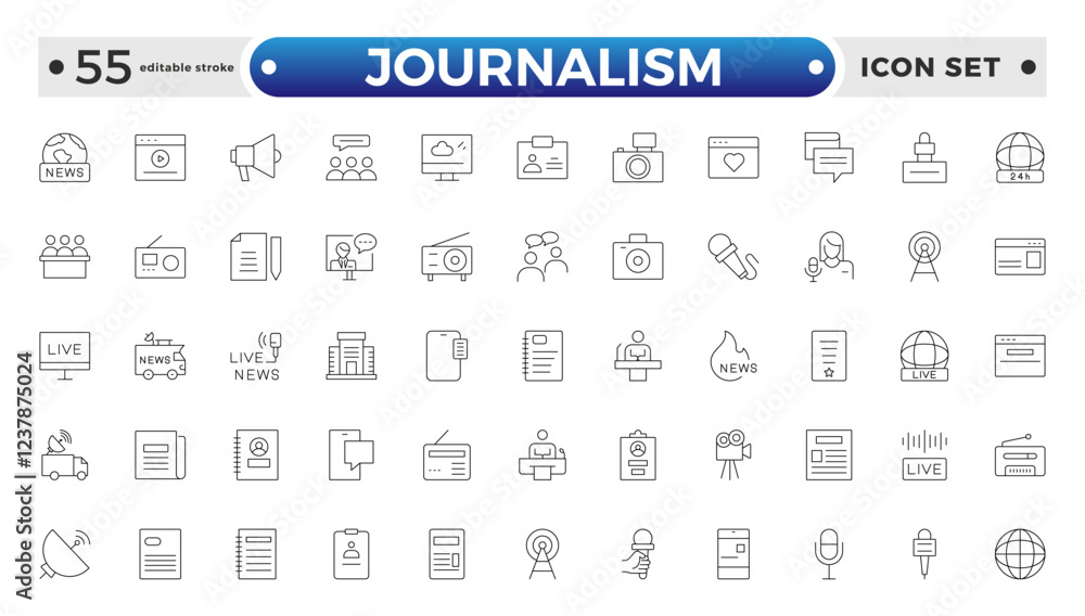 Journalism icon set. Containing journalist, news, microphone, interview, reporter, podcast, press badge, newspaper, and radio. Editable stroke outline icon. Journalism icon set. Containing journalist, news, microphone, interview, reporter, podcast, press badge, newspaper, and radio. Editable stroke outline icon.