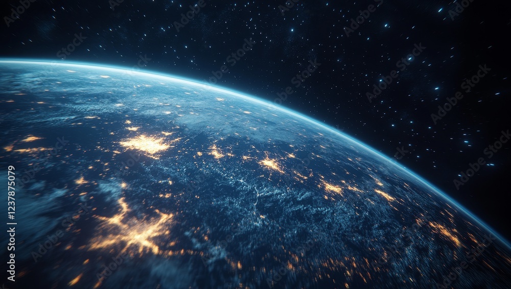 Obraz premium Night Earth orbit view, city lights, starry backdrop, space exploration