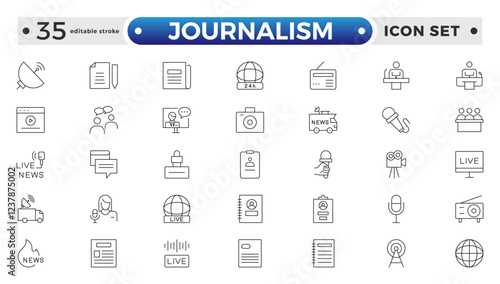 Journalism icon set. Containing journalist, news, microphone, interview, reporter, podcast, press badge, newspaper, and radio. Editable stroke outline icon.