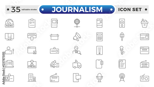 Journalism icon set. Containing journalist, news, microphone, interview, reporter, podcast, press badge, newspaper, and radio. Editable stroke outline icon.