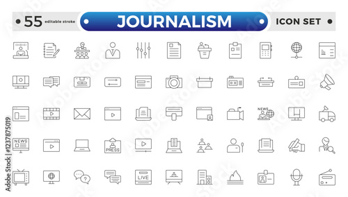 Journalism icon set. Containing journalist, news, microphone, interview, reporter, podcast, press badge, newspaper, and radio. Editable stroke outline icon.