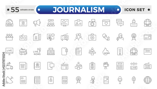 Journalism icon set. Containing journalist, news, microphone, interview, reporter, podcast, press badge, newspaper, and radio. Editable stroke outline icon.