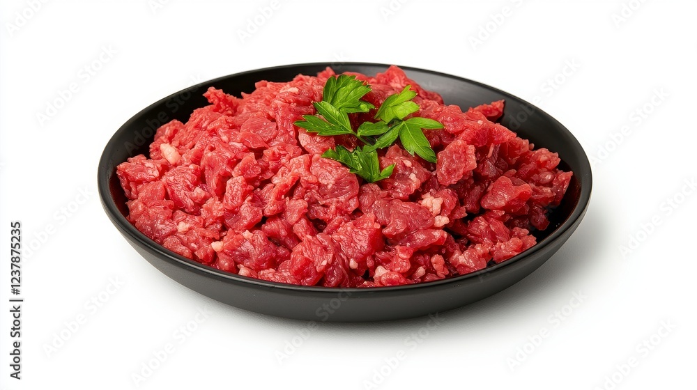 Ground Beef in Black Bowl with Parsley Garnish Ground Beef in Black Bowl with Parsley Garnish